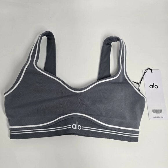 Alo Yoga Airbrush Heart Throb Bra & Leggings Set in Steel Grey/White Authentic - Picture 2 of 3